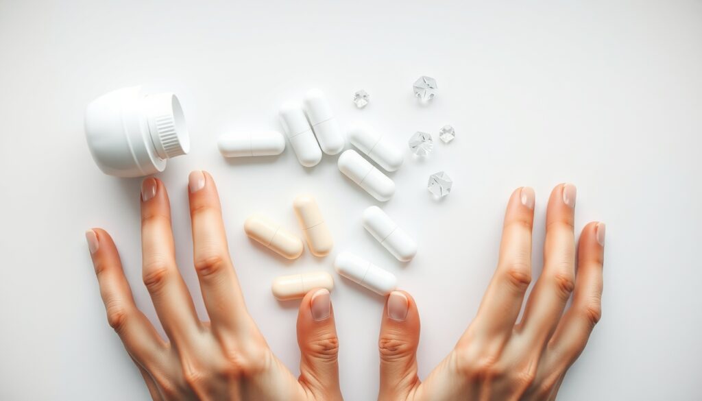 닥터린멜라바인 - flat lay of whitening supplement capsules and skincare ingredients on white background, doctor lin melabain concept