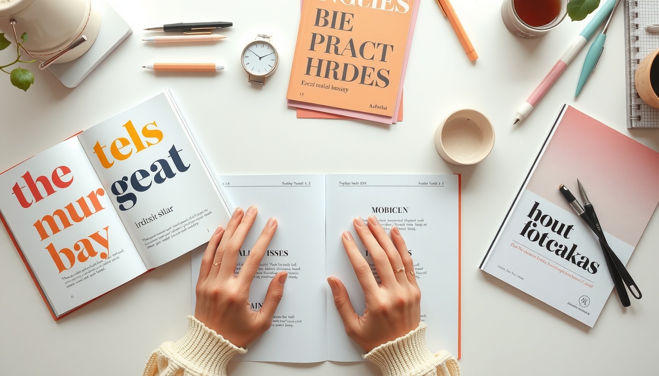 타이포그래피 - flat lay of typography design books, colorful font samples, and design tools on white desk, 2026 typography trend concept