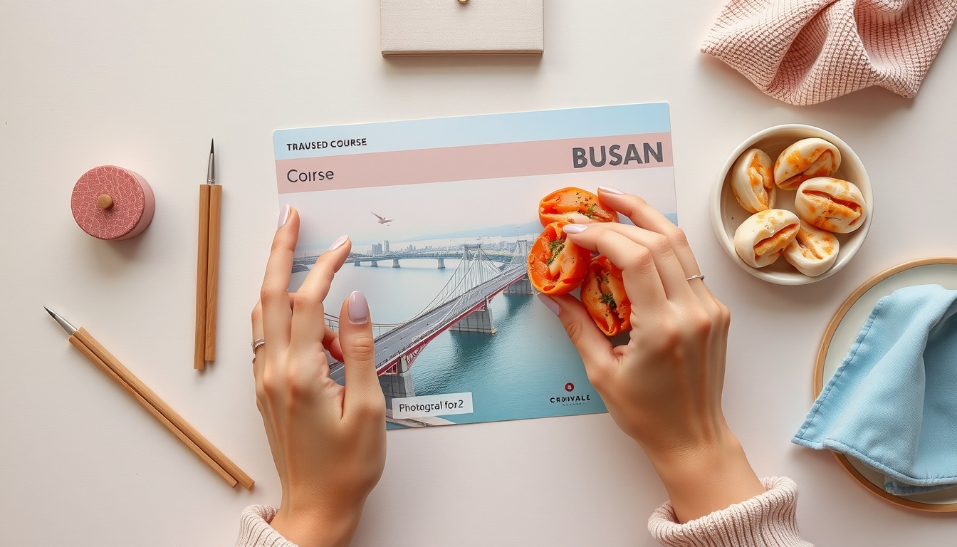 부산 여행 코스 여행 - flat lay of Busan travel course map with travel essentials, Gwangalli bridge photo and local seafood, overhead view