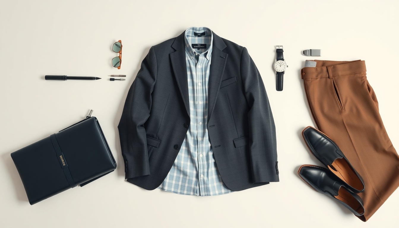 상견례 옷차림 남자 - flat lay of men's smart casual fashion items including blazer, dress shirt, slacks, loafers and watch on white background, formal meeting outfit concept