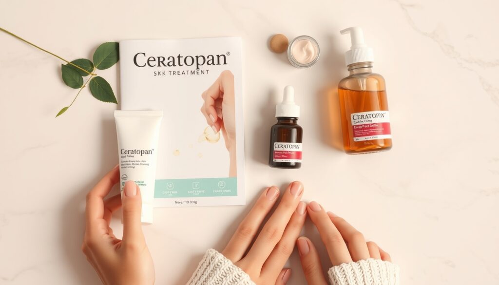 세라토판 - flat lay of skincare products and medical pamphlet on white marble background, ceratopan skin treatment concept