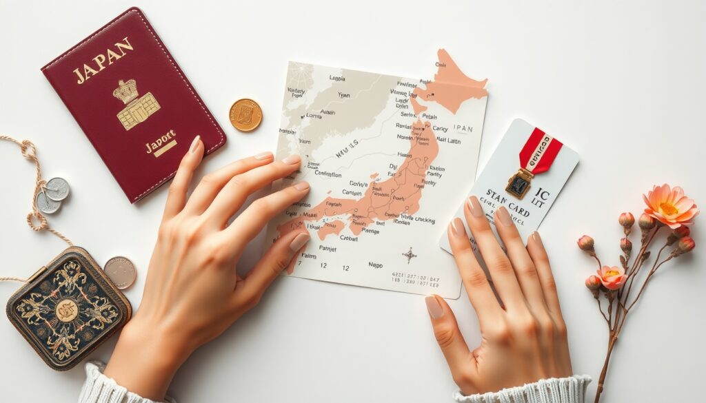일본 여행 주의사항 현지에서 당황한 경험 - flat lay of Japan travel essentials including passport, yen coins, Japanese map and IC card on white background, Japan travel tips concept