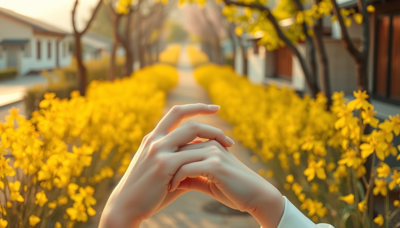 이천 산수유축제 - Korean village path lined with blooming sansuyu yellow flowers in early spring, warm sunlight, travel destination