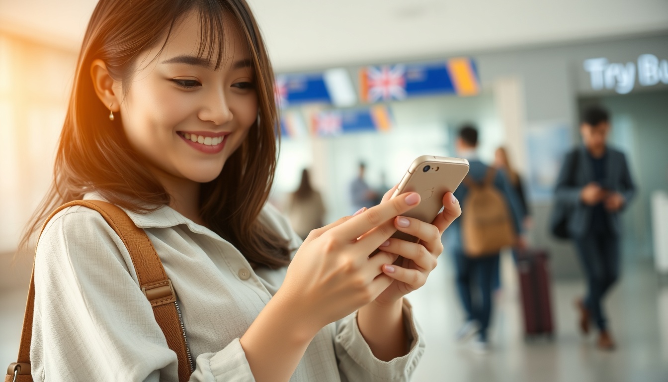 여행자 보험 - Korean woman upper body shot with face visible, smiling and checking travel insurance on smartphone at airport, natural hands, warm atmosphere