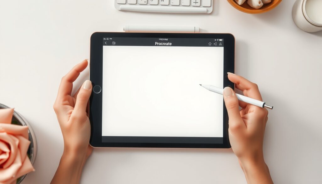프로크리에이트 - flat lay of iPad with Procreate app open showing digital illustration canvas, Apple Pencil beside it on white desk, procreate beginner guide concept