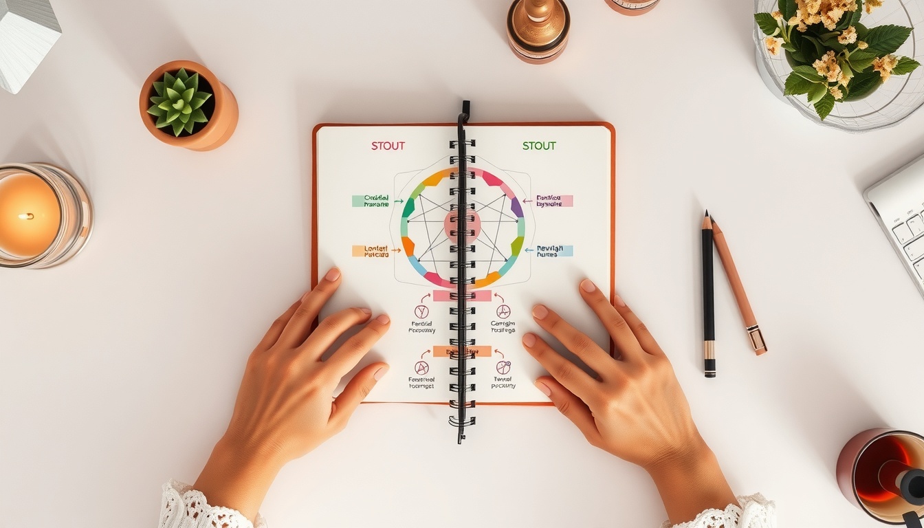 에니어그램테스트 - flat lay of enneagram test personality type chart and notebook on white desk, colorful design