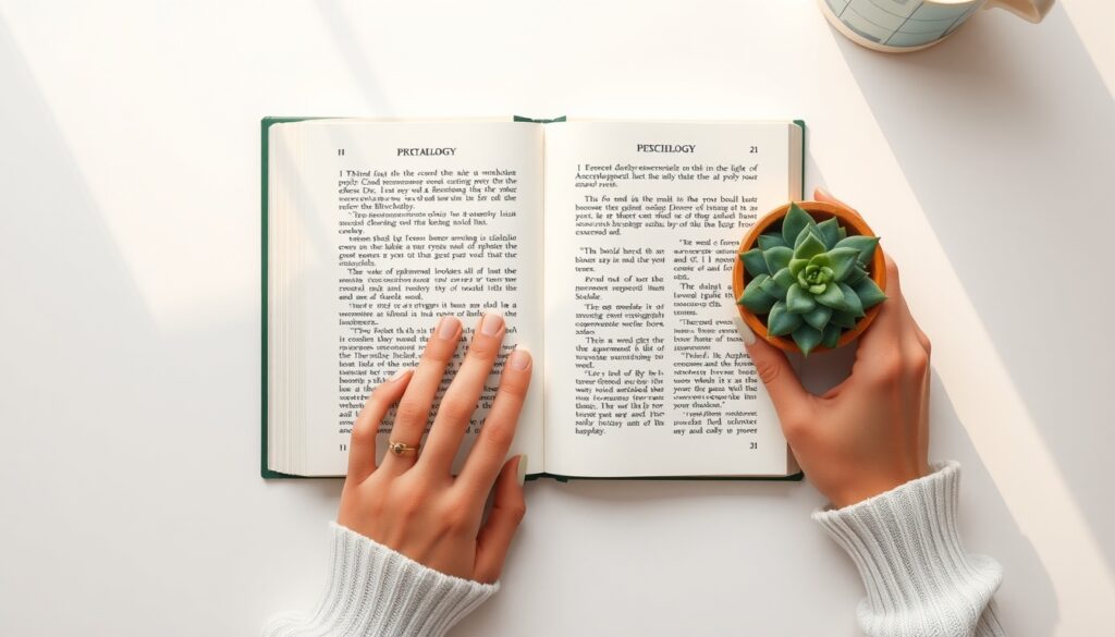 리플리증후군 - flat lay of open psychology book and small succulent plant on white desk, mental health concept with soft warm lighting