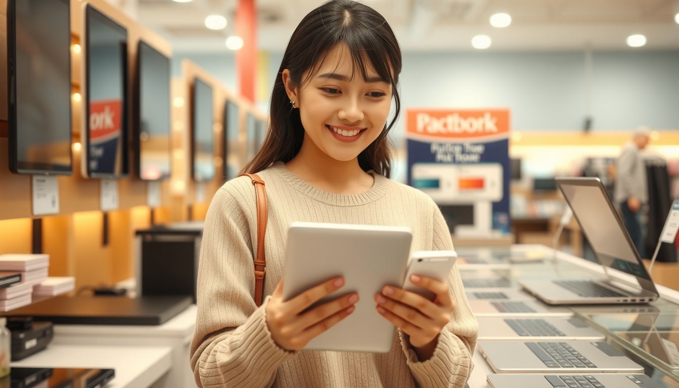 노트북 추천 - Korean woman upper body shot with face visible, smiling while choosing laptops in electronics store, natural hands