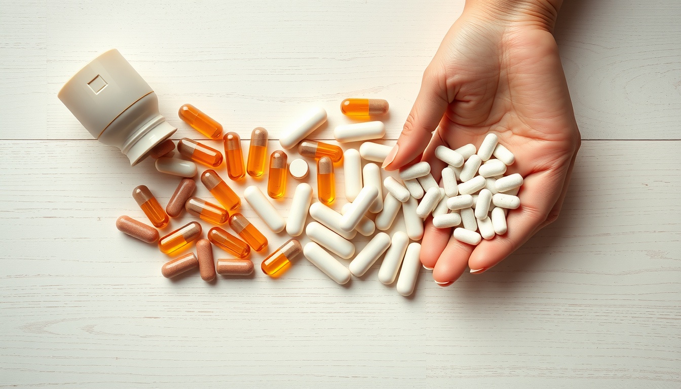 포스파티딜세린 - flat lay of various brain health supplement capsules and pills on light wooden background, phosphatidylserine supplement comparison overhead view