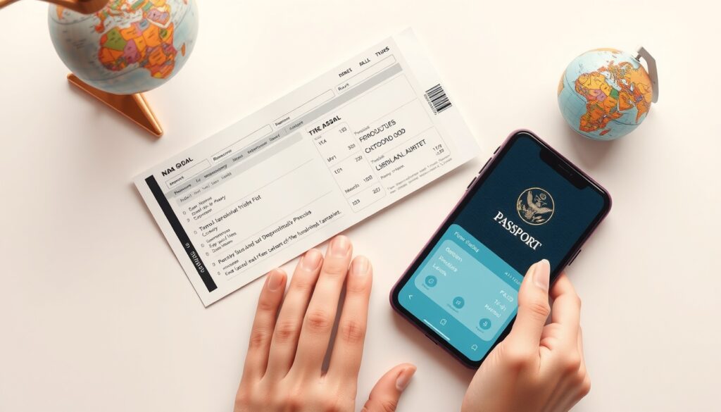 항공권싸게사는법 - flat lay of passport, airplane ticket, smartphone showing flight booking app, and small globe on white background, travel budget concept