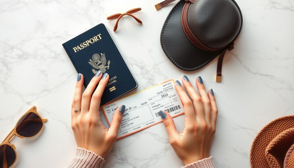 비지니스석특가 - flat lay of passport, airplane ticket, and luxury travel accessories on white marble background, business class flight deal concept