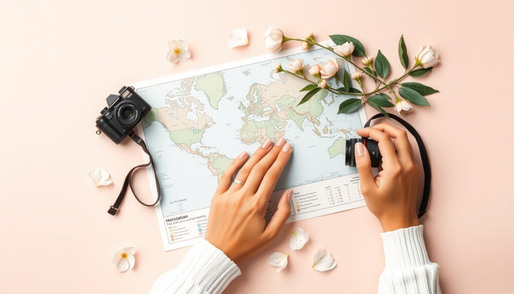 국내 여행지 추천 여행 - flat lay of travel essentials including map, camera, and spring flowers on pastel background, domestic travel recommendation concept