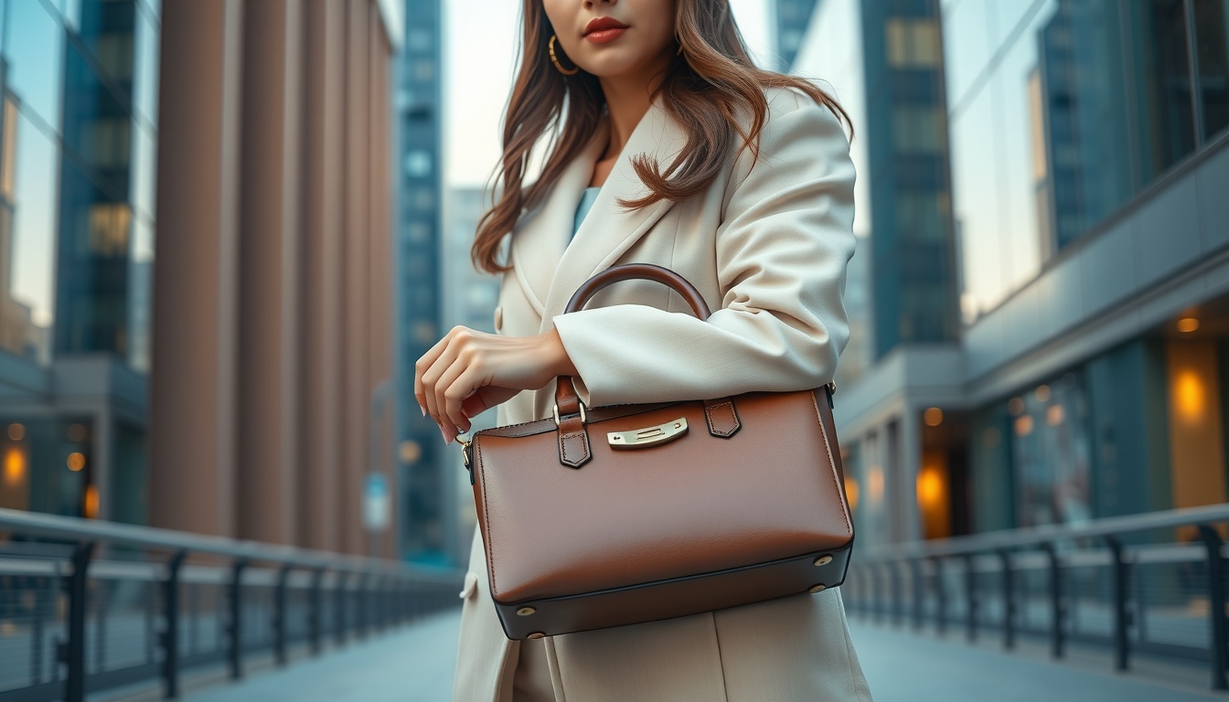 명품 브랜드 - upper body shot of Korean woman with face visible, holding luxury handbag in stylish outfit, natural hands, modern city background