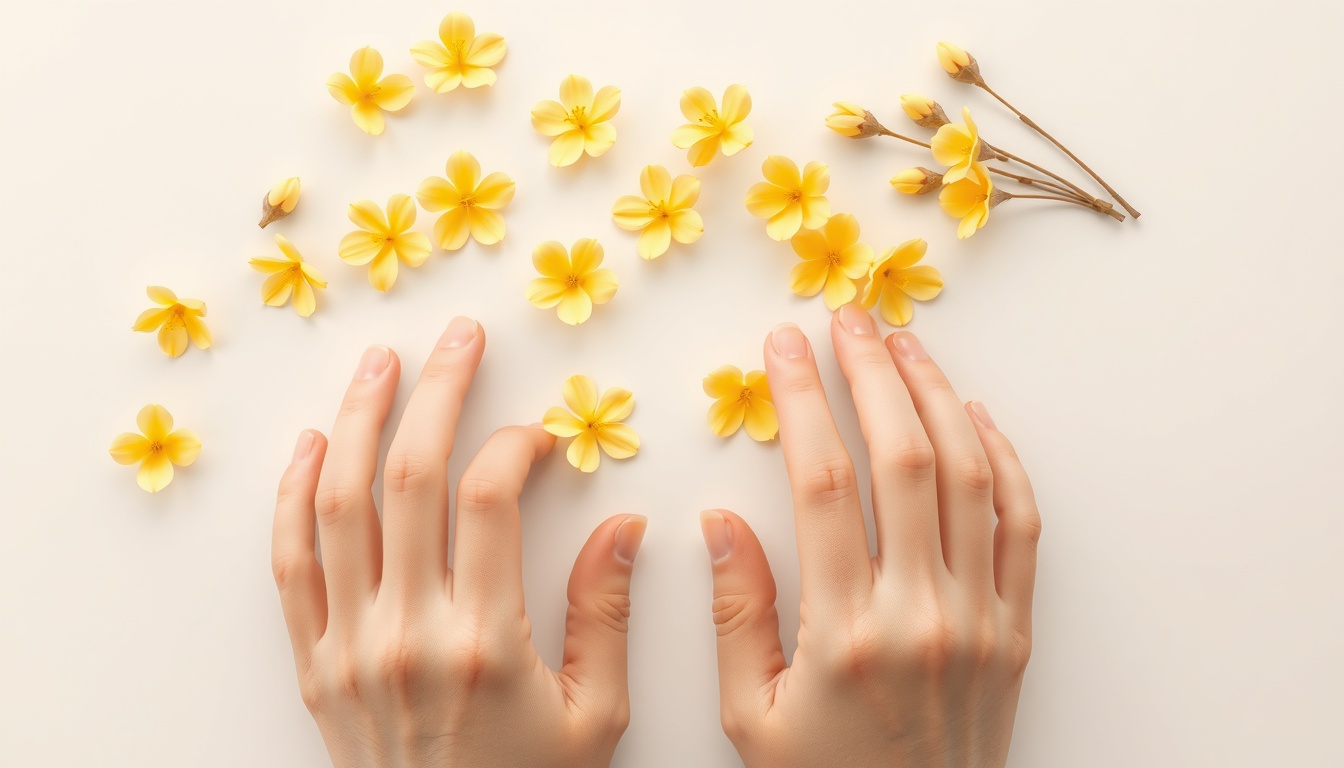 이천 산수유축제 - flat lay of yellow sansuyu flowers on soft white background, spring festival concept in Korea