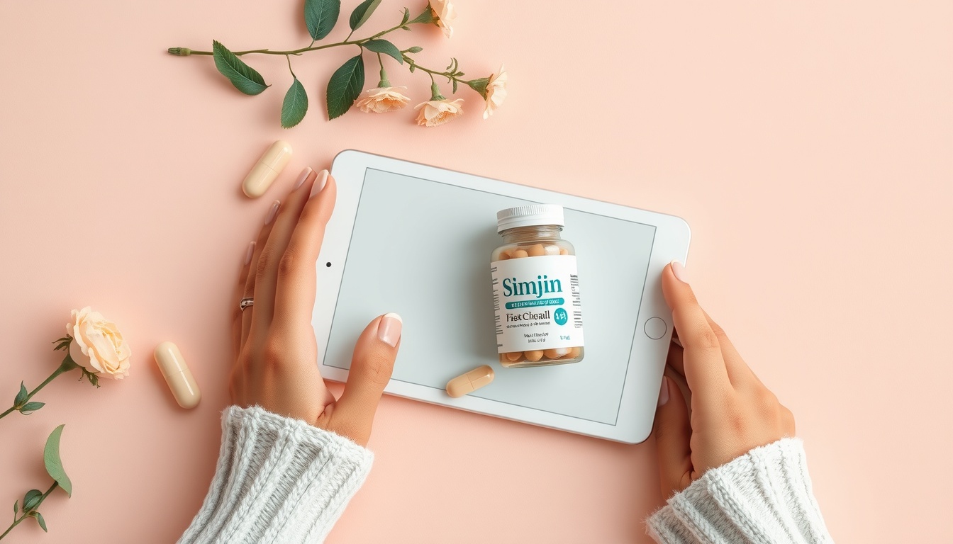 심진캡슐 - flat lay of medicine capsule bottle and white tablet on light pastel background, Simjin capsule health supplement product shot