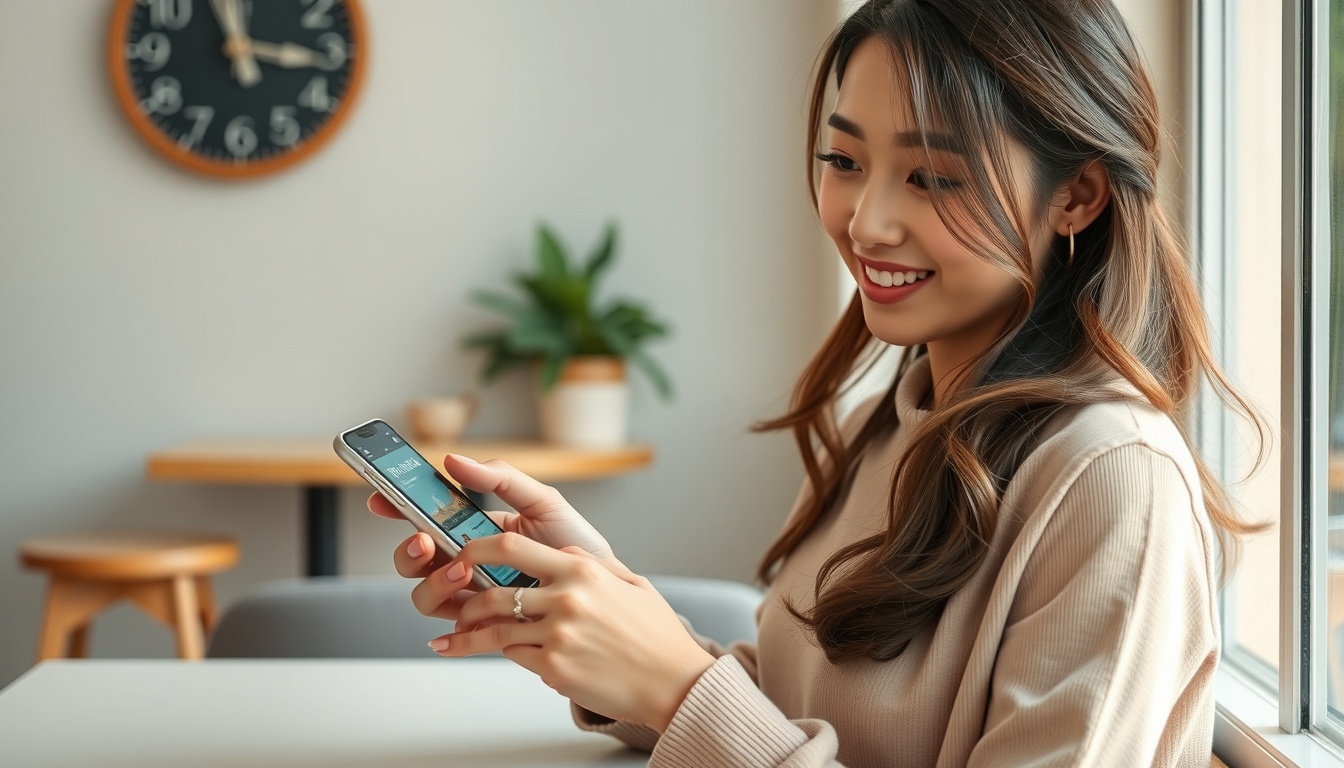 하나투어 땡처리 - Korean woman upper body shot with face visible, smiling while browsing travel deals on smartphone in cozy cafe, natural hands, warm lighting