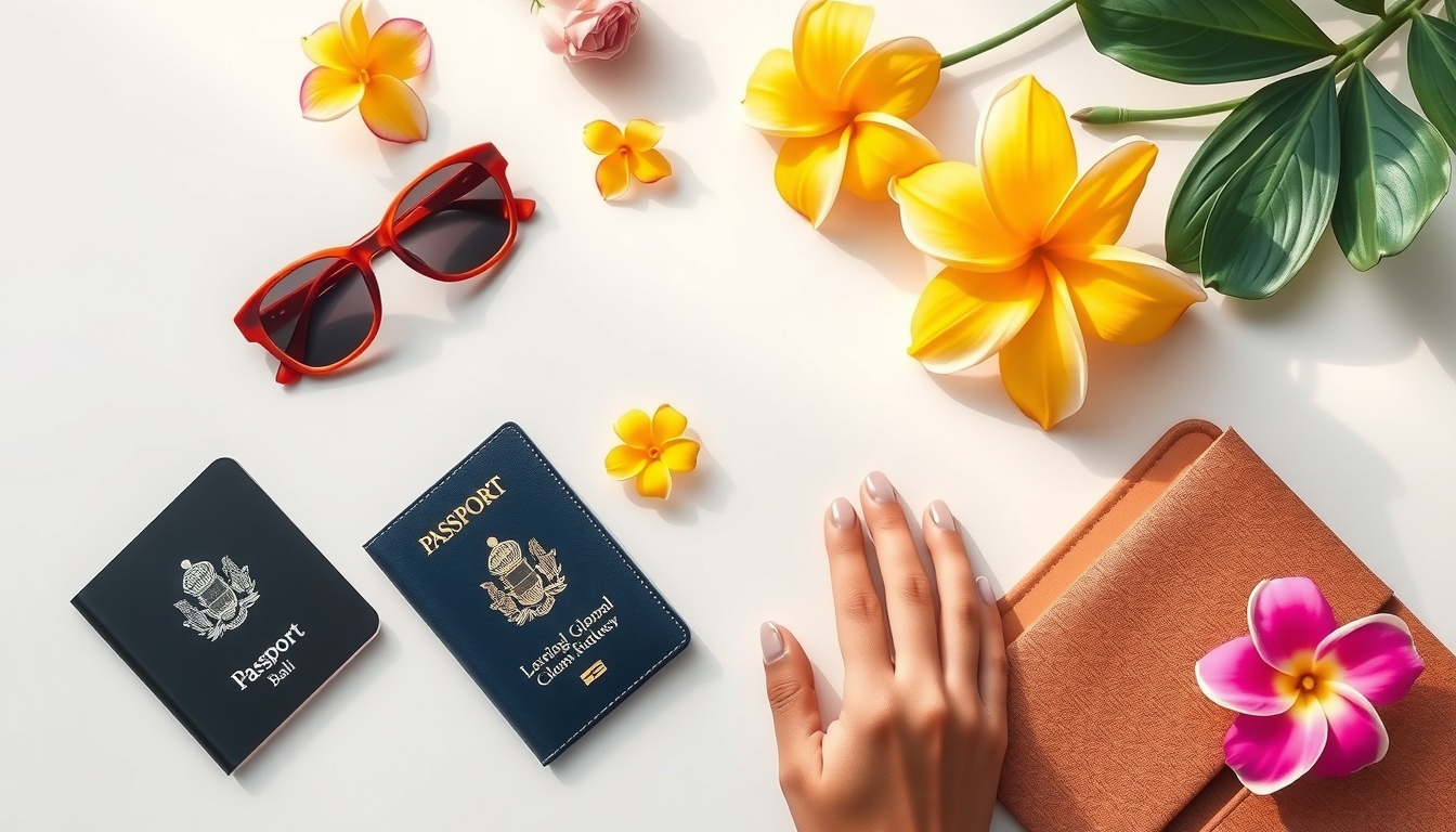 발리 여행 - flat lay of travel essentials including passport, sunscreen, sunglasses, and tropical flowers on white background, Bali travel preparation