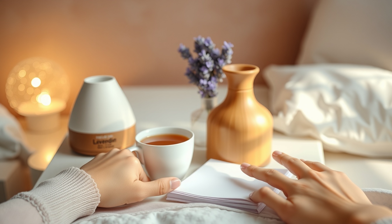 식물성멜라토닉 - cozy bedroom nightstand with herbal tea, lavender diffuser and plant-based melatonin supplement bottle, sleep routine concept