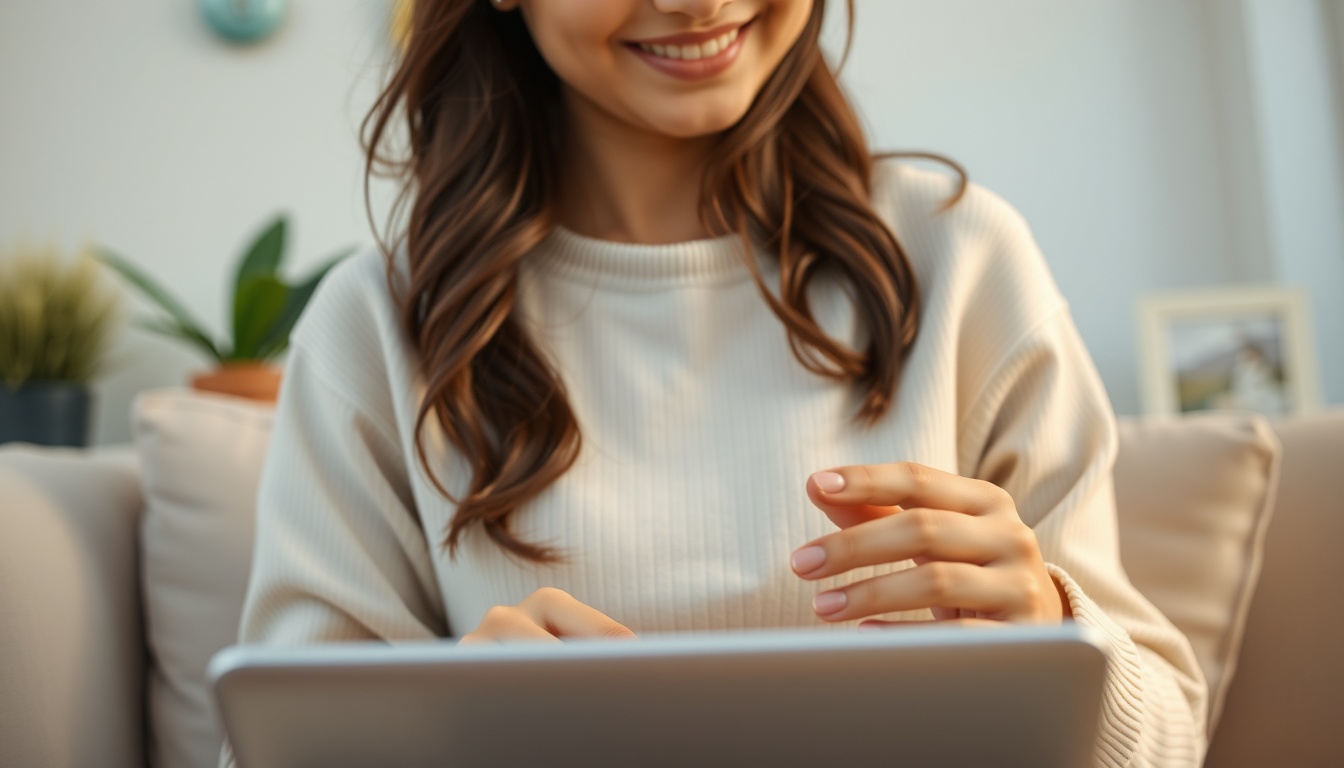 항공권싼요일 - Korean woman upper body shot with face visible, smiling while booking cheap flight tickets on laptop, natural hands, warm lighting home background