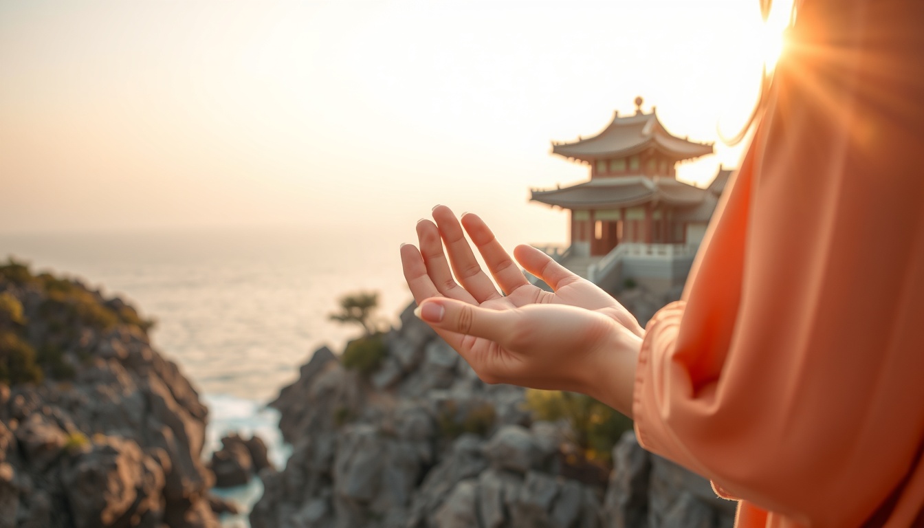 여수 여행 - Yeosu Hyangilam temple on rocky cliff with ocean view at sunrise, South Korea travel photography