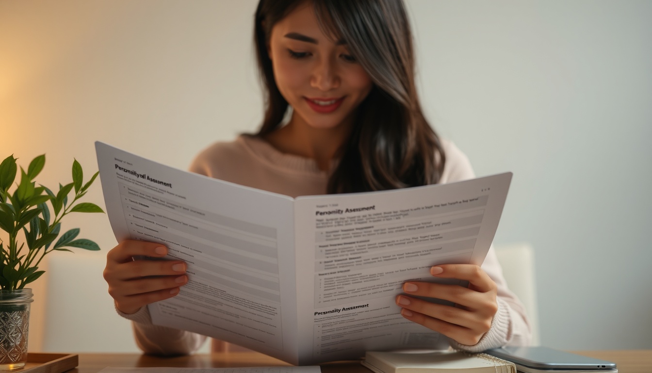 버크만코리아 - Korean woman upper body shot with face visible, reading personality assessment report at a cozy desk with warm lighting, natural hands, Birkman self-discovery concept