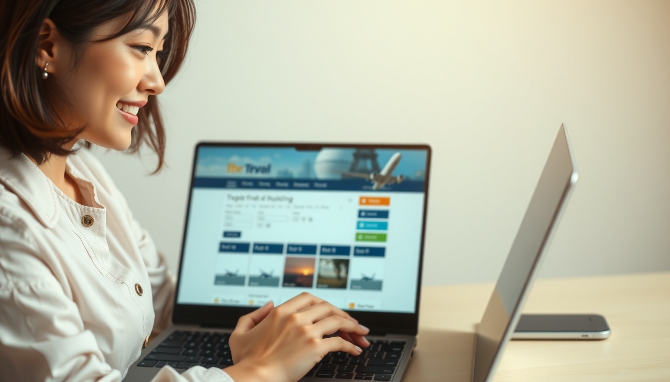 항공권싸게사는법 - Korean woman upper body shot with face visible, sitting at desk with laptop open showing flight booking website, smiling, natural hands, travel planning concept