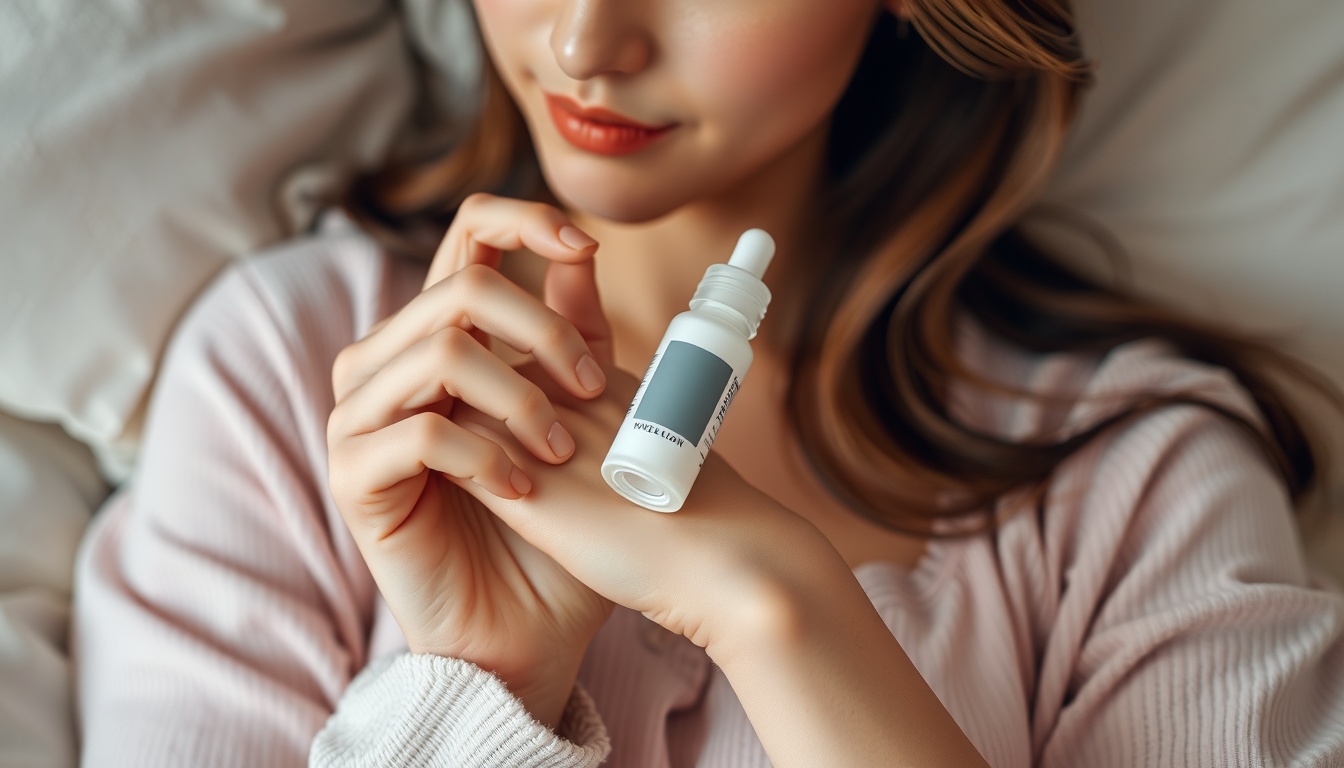 슬리핑보틀 - upper body shot of Korean woman with face visible, applying sleeping bottle roll-on on wrist before bedtime, soft bedroom lighting, natural hands