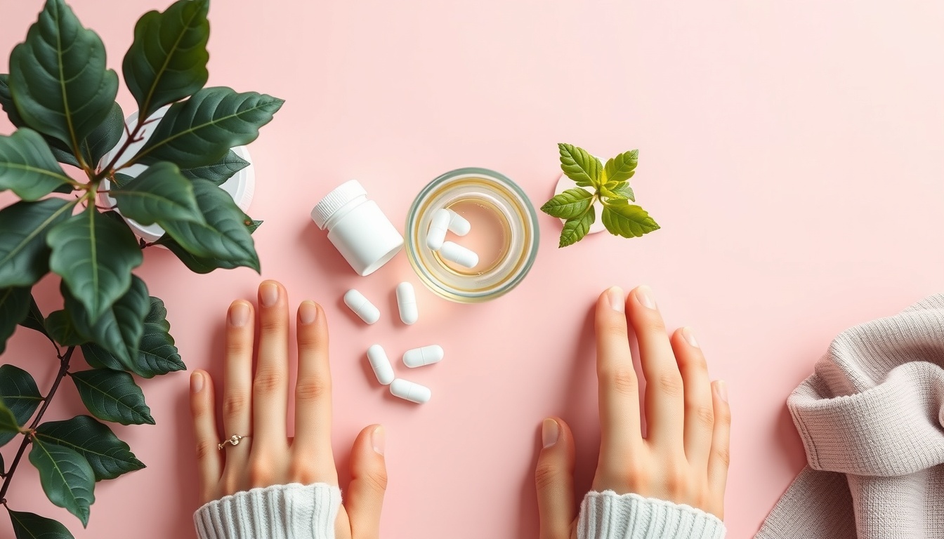 이석증영양제 - flat lay of daily wellness essentials including vitamin D capsules, calcium tablets, glass of water and small plant on pastel pink background, vertigo supplement concept