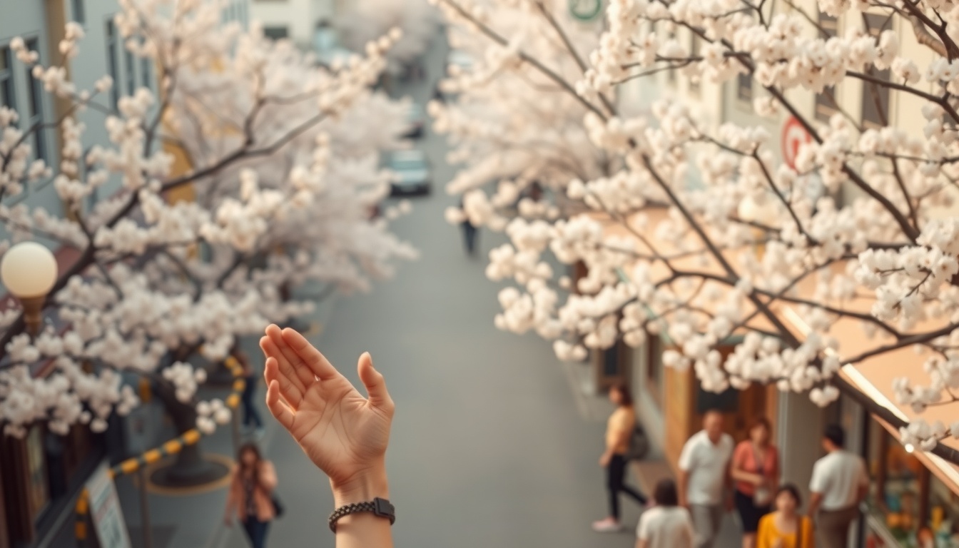 일본 여행 주의사항 현지에서 당황한 경험 - aerial view of Japanese city street in spring with cherry blossom trees, clean and vibrant Japan travel scenery, no people