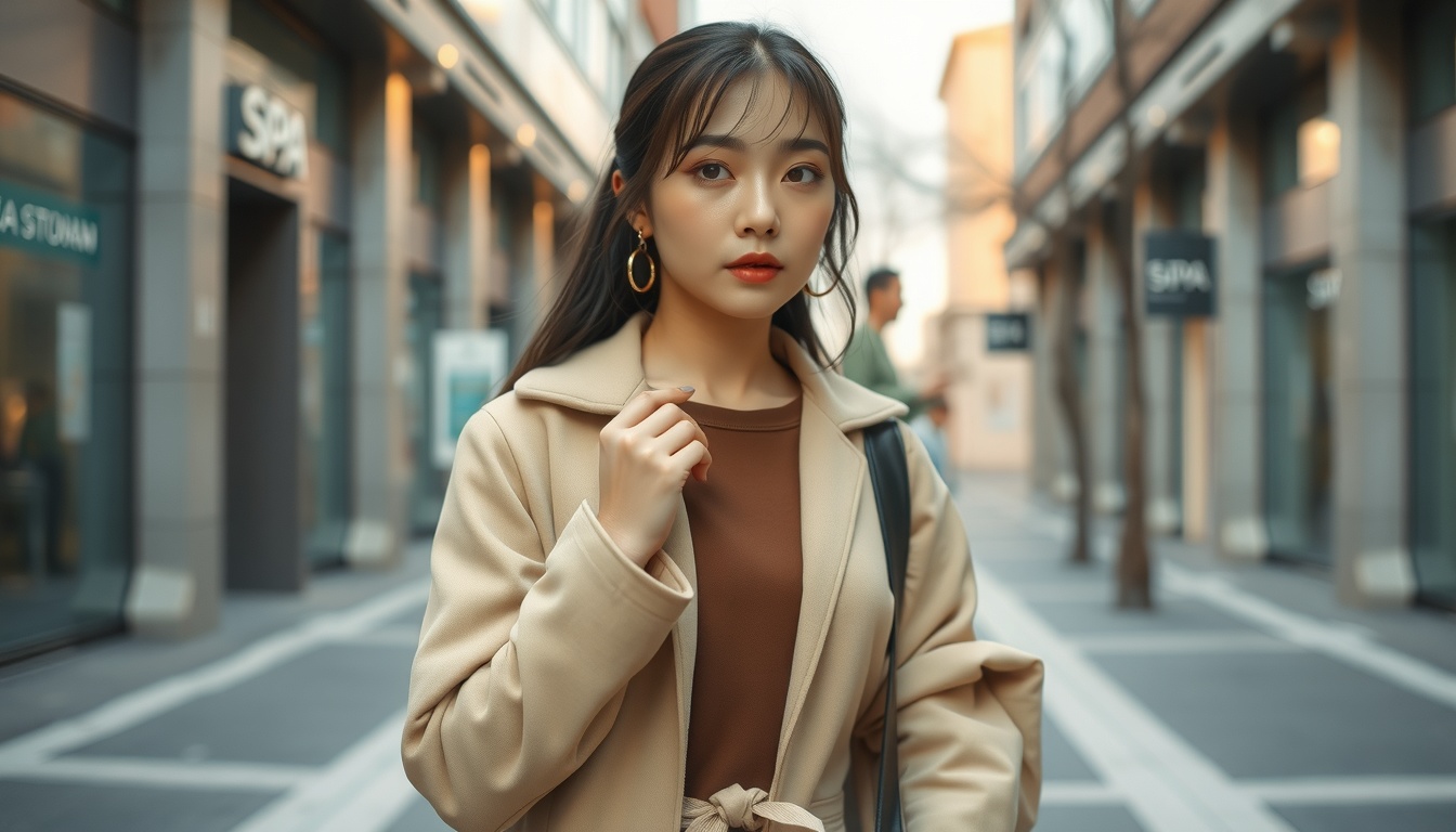 SPA 브랜드 - Korean woman full body shot with face visible, wearing stylish SPA brand casual outfit in modern city street, natural hands, spring fashion 2026