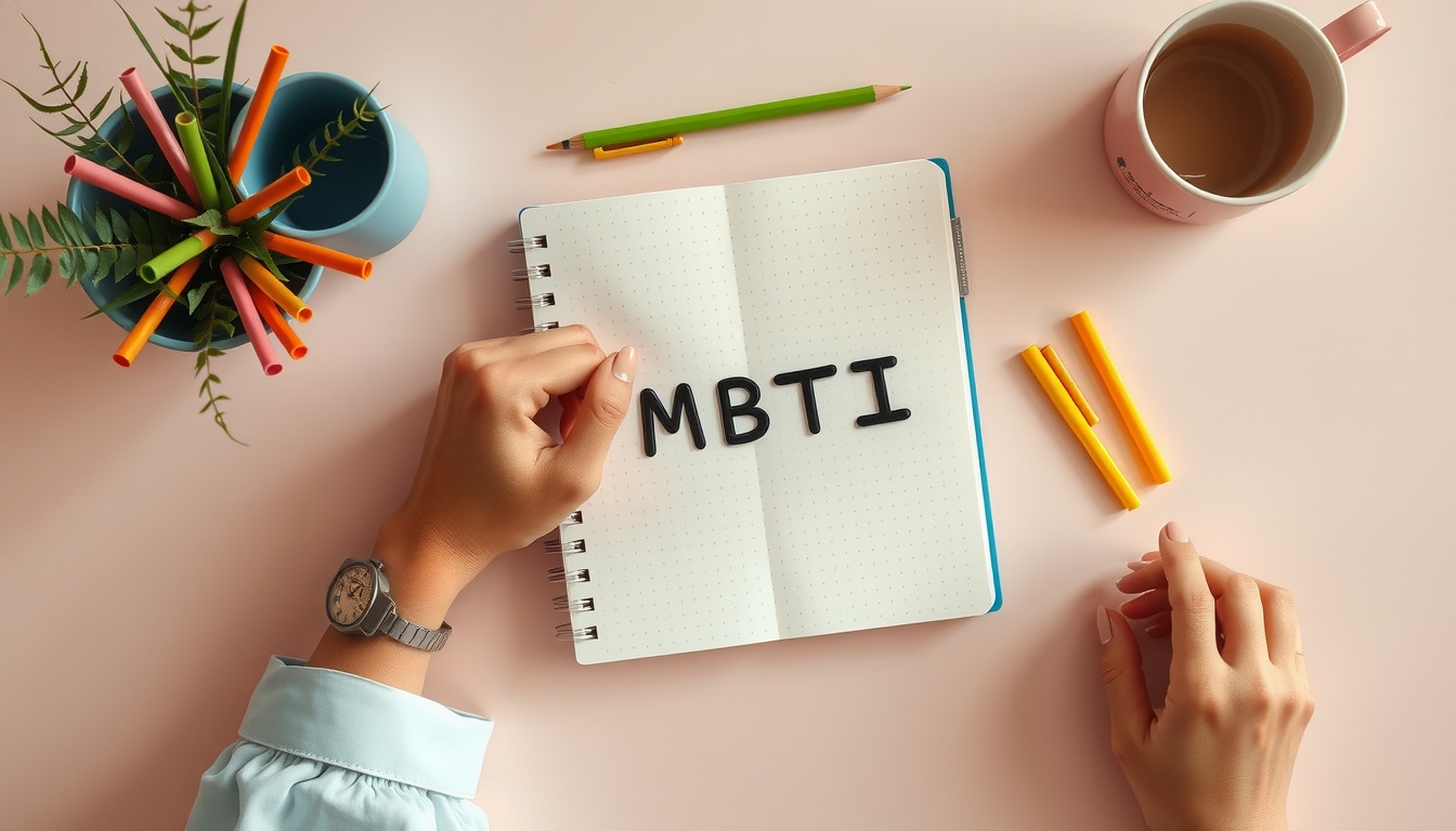 MBTI검사 - flat lay of notebook with MBTI personality type letters, colorful pens and coffee cup on pastel desk, MBTI test concept