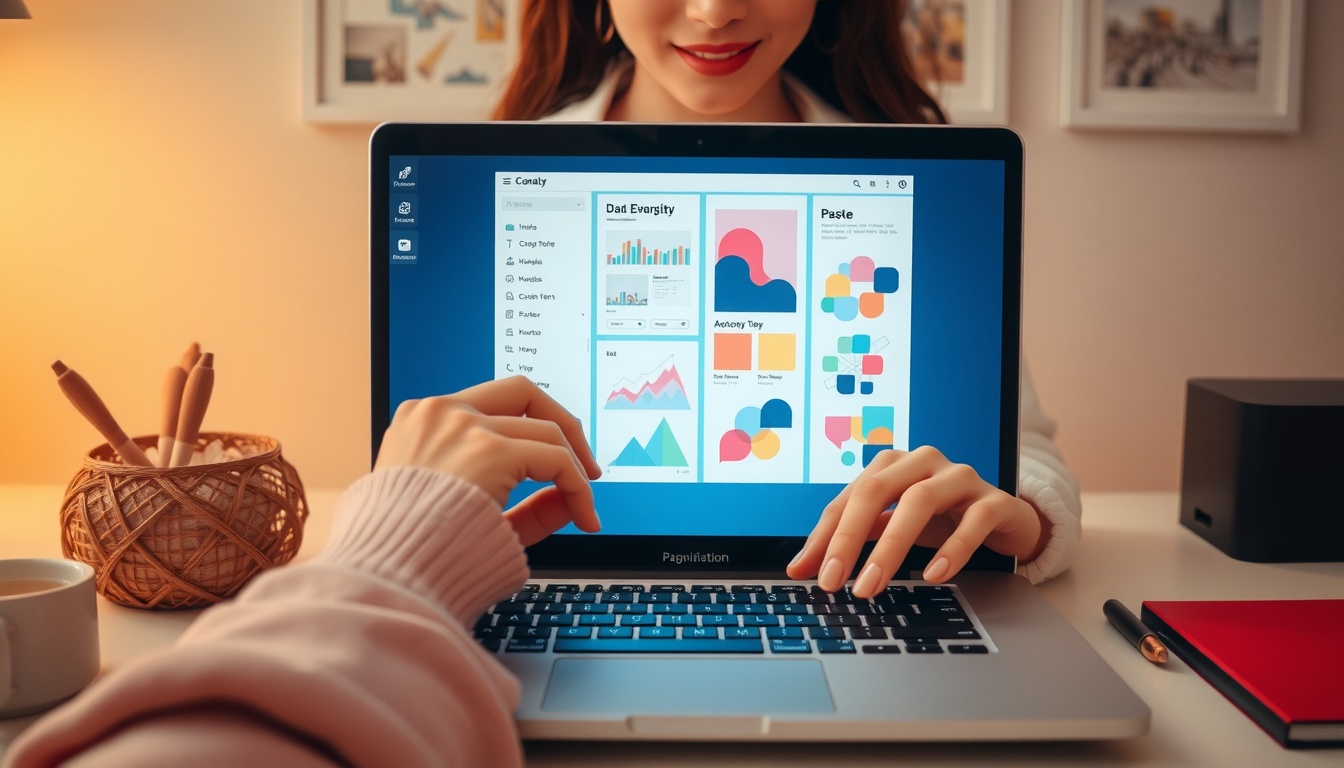 포스터 디자인 - Korean woman upper body shot with face visible, smiling while designing poster on laptop screen showing colorful layouts, natural hands, bright modern home office