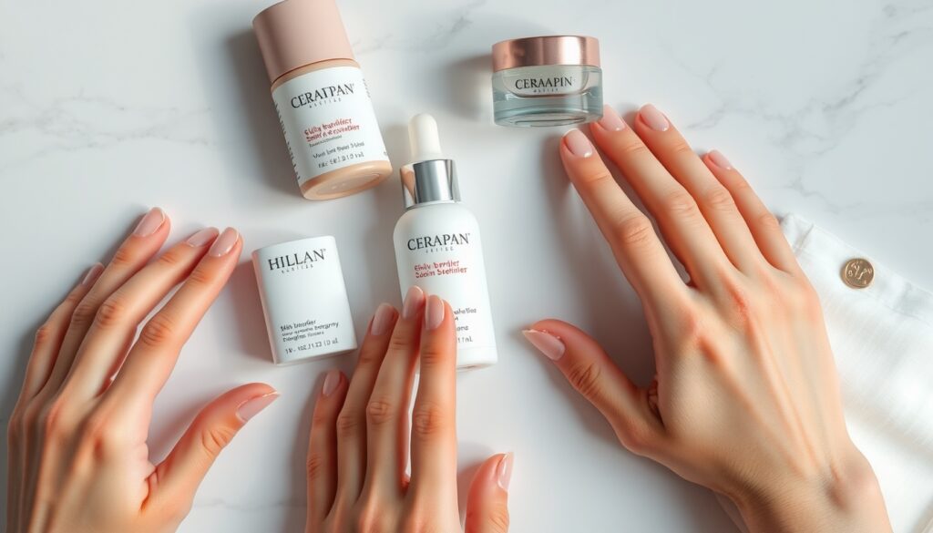 힐린세라토판 - flat lay of skincare products with serum and moisturizer on white marble background, hillin ceratopan skin barrier concept