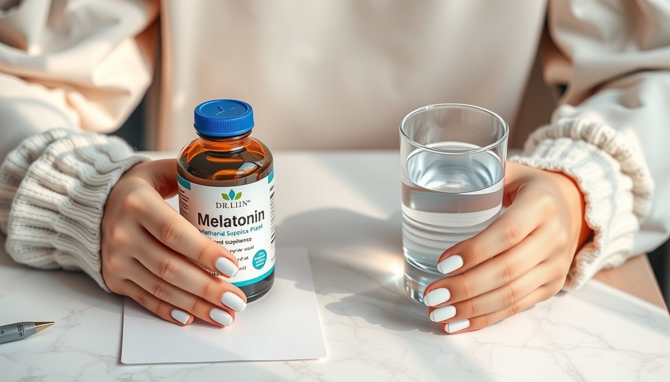 닥터린멜라토닌 - flat lay of melatonin supplement bottle and glass of water on white marble desk, soft pastel tones, Dr.Lin melatonin concept