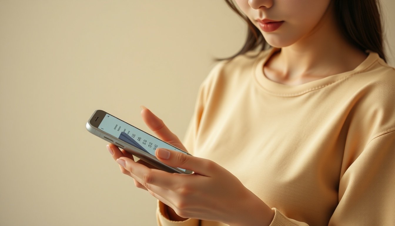 에니어그램테스트 - Korean woman upper body shot with face visible, reading enneagram personality test results on smartphone, natural hands, soft cafe lighting