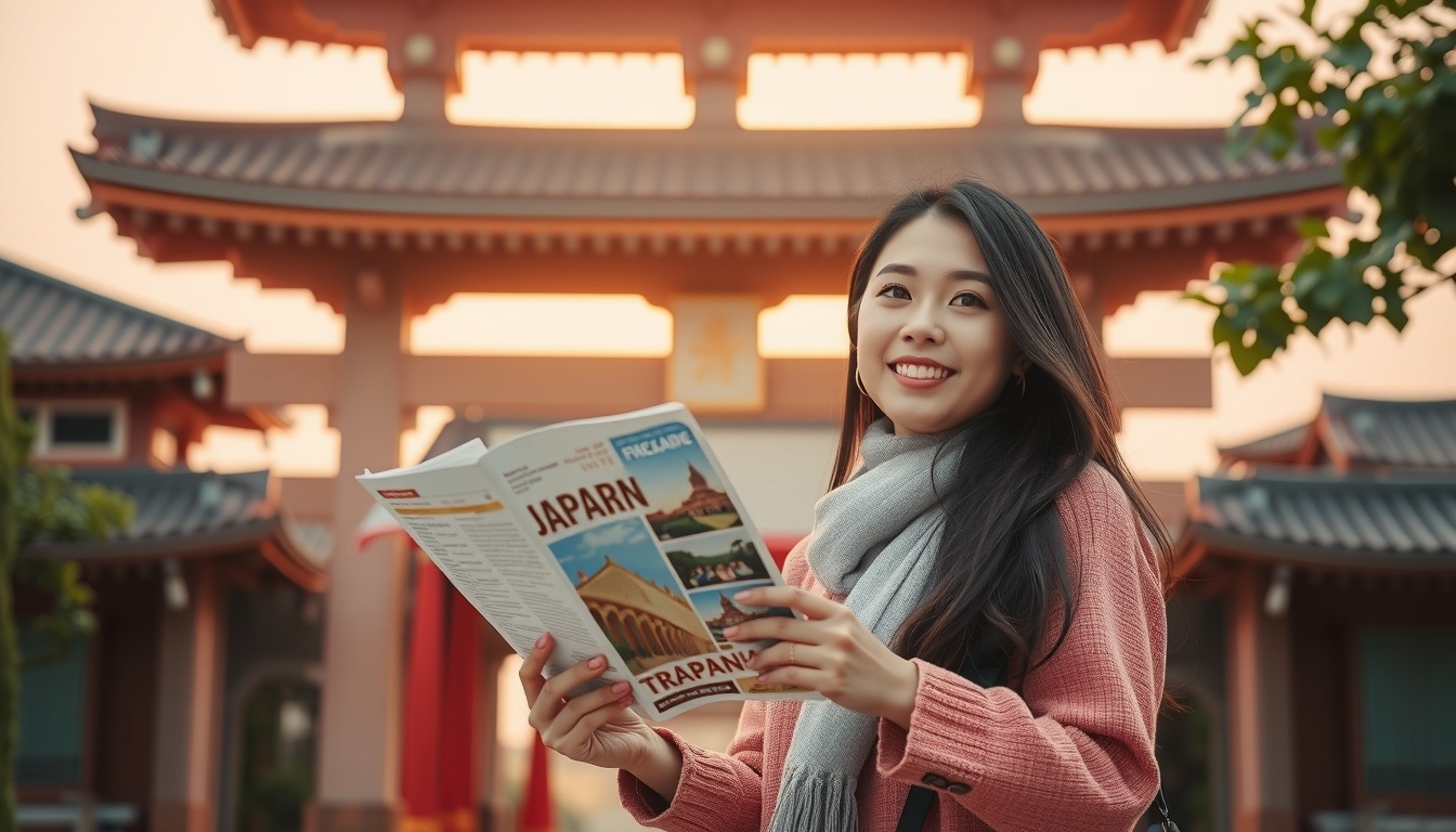 일본 여행 주의사항 현지에서 당황한 경험 - upper body shot of Korean woman traveler with face visible, smiling at Japanese temple gate, holding travel guide with natural hands, warm sunset lighting
