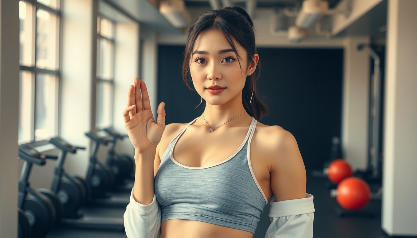 운동복 추천 - Korean woman full body shot with face visible, wearing stylish athleisure activewear outfit in gym, natural hands, athletic wear recommendation