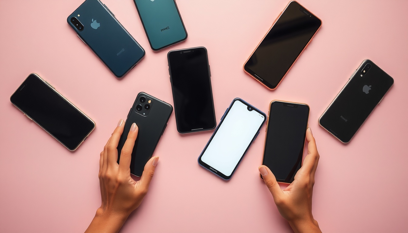 핸드폰 추천 - flat lay of multiple smartphones on pastel pink background, smartphone recommendation concept, overhead view