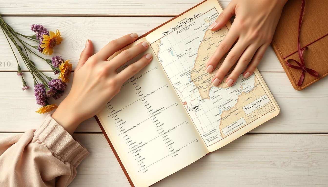 대전 촌캉스 - flat lay of vintage map, wildflowers, and travel journal on wooden table, Daejeon rural healing trip concept