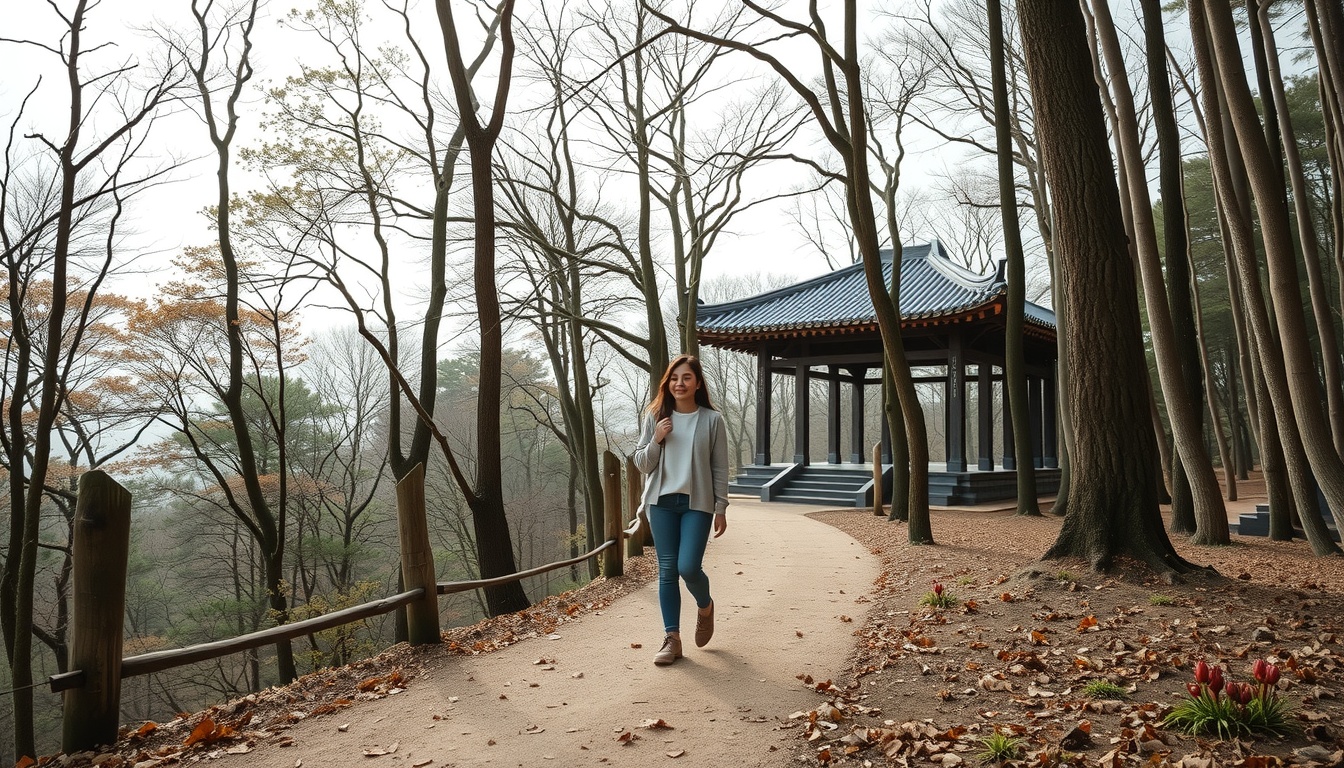강화도 전등사 - Korean woman full body shot with face visible, walking on a forest trail near Jeondeungsa Temple in Ganghwado, wearing casual travel outfit, natural light