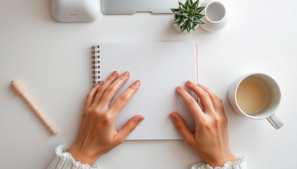 미니멀 라이프 - flat lay of minimalist lifestyle items including white notebook, small plant, simple mug on clean white desk, minimal life concept