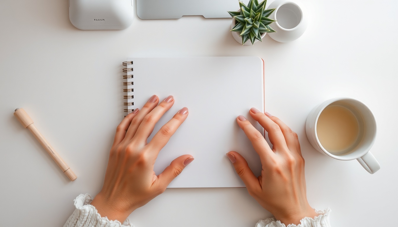 미니멀 라이프 - flat lay of minimalist lifestyle items including white notebook, small plant, simple mug on clean white desk, minimal life concept