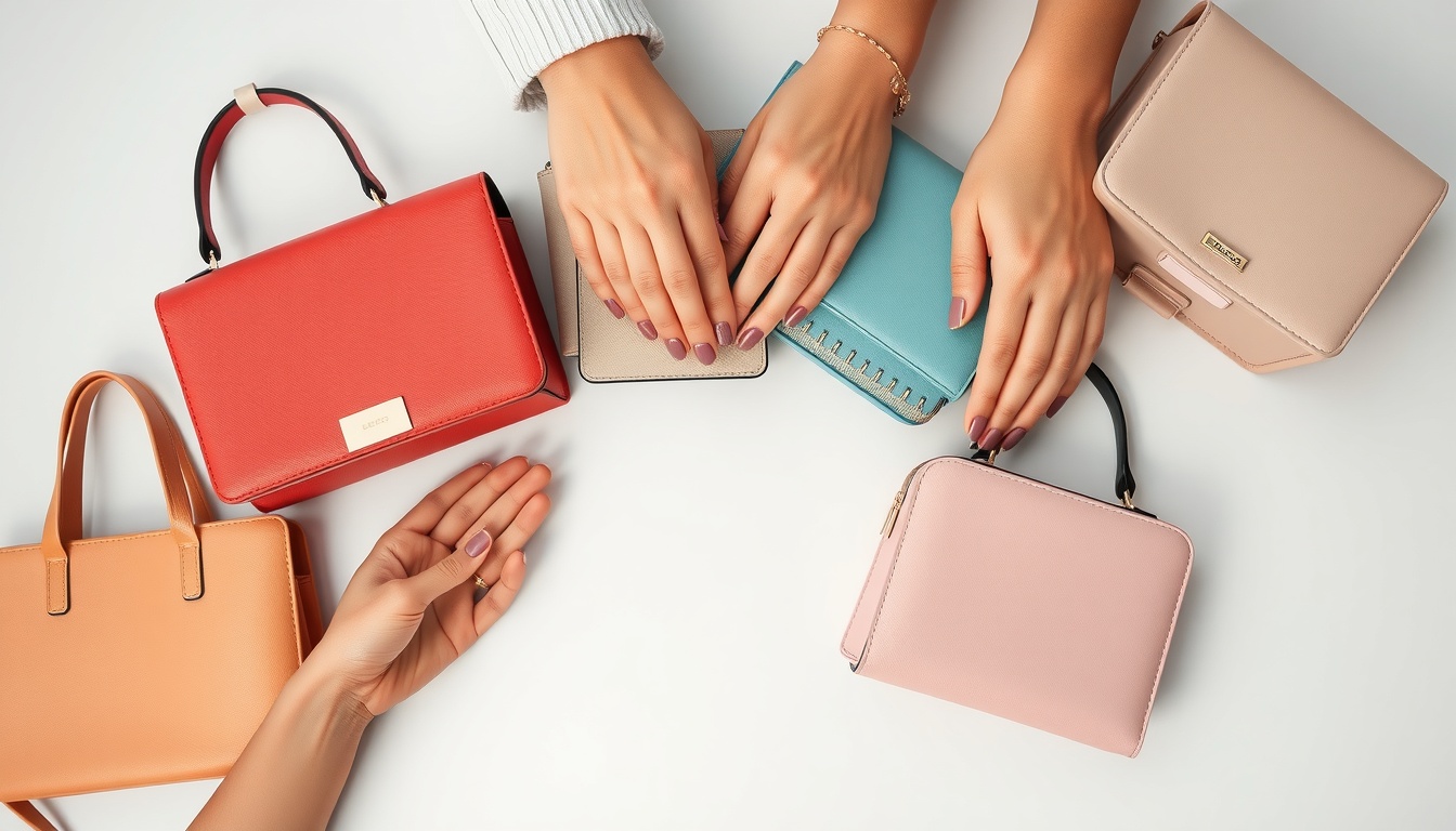 여성가방쇼핑몰 - flat lay of stylish women's handbags in various colors on white background, women's bag shopping concept