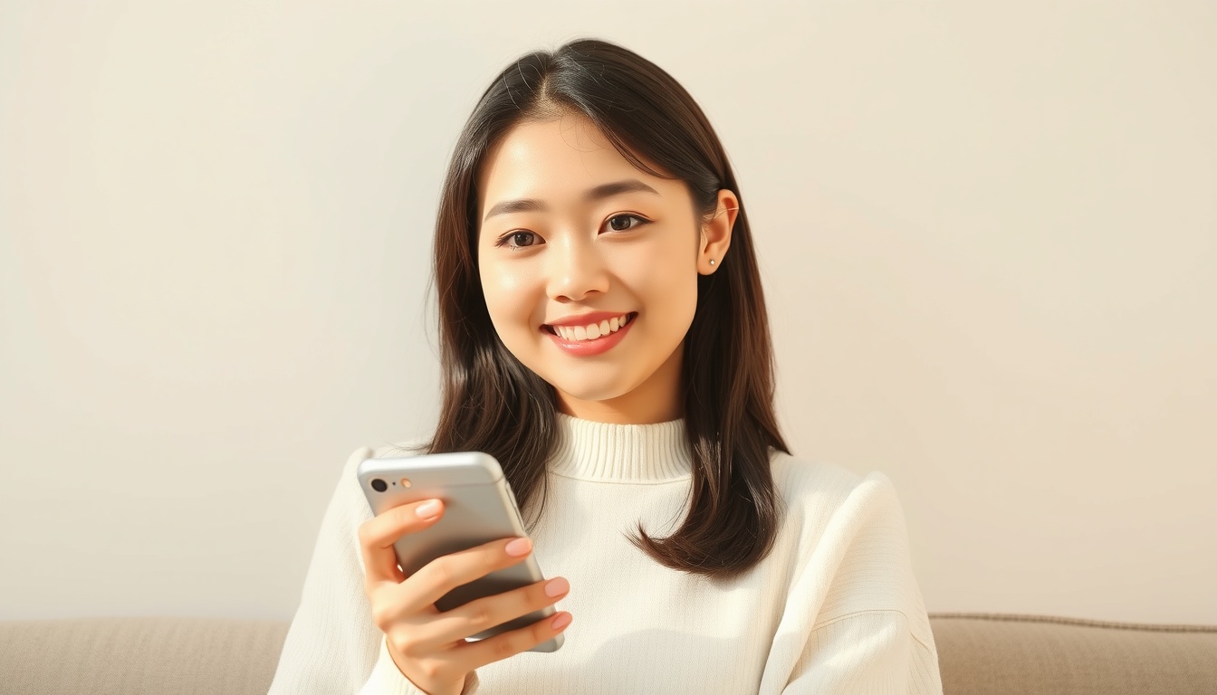 핸드폰 추천 - Korean woman upper body shot with face visible, holding smartphone and smiling, bright natural lighting, natural hands