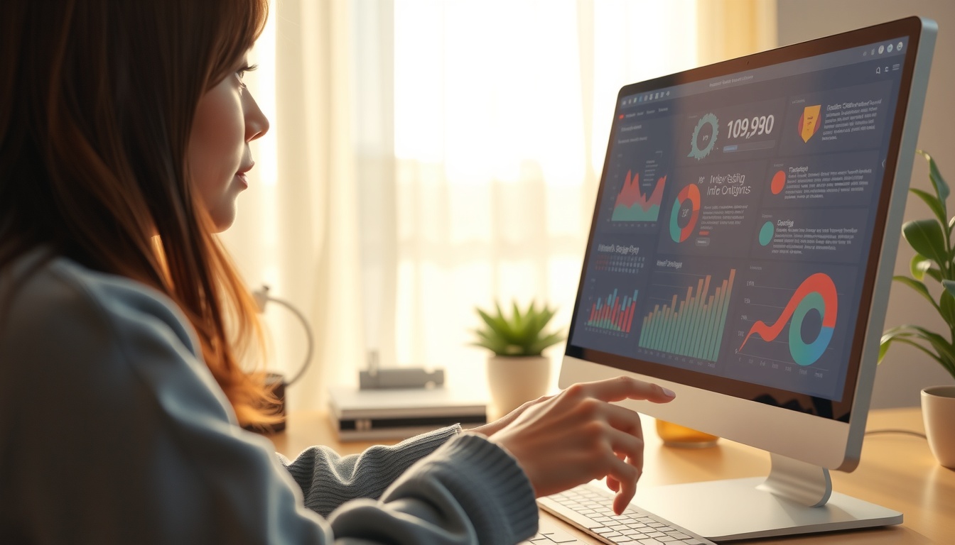 인포그래픽 - Korean woman upper body shot with face visible, designing infographic on computer screen in bright home office, natural hands, infographic making process