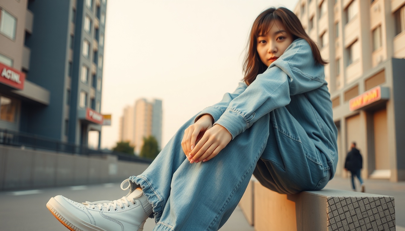 스트릿 패션 - Korean woman full body shot with face visible, wearing oversized street fashion outfit with wide denim and chunky sneakers, urban background, natural pose
