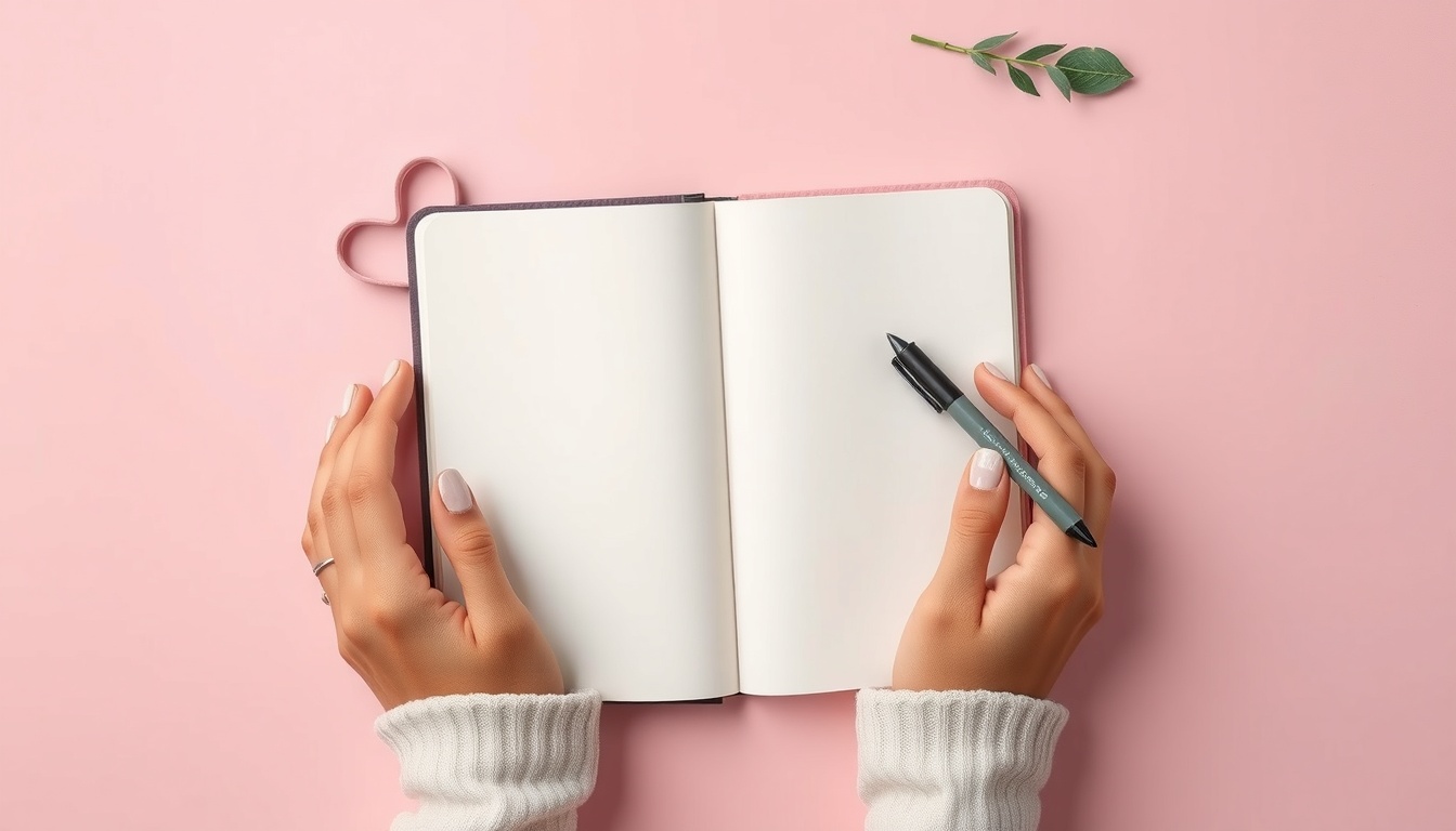 성인애착유형검사 - flat lay of journal, pen, and heart-shaped decoration on soft pink background, adult attachment style test concept