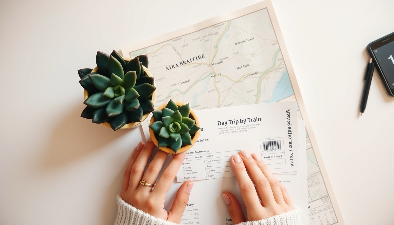 국내당일 기차여행 - flat lay of train ticket, map, and small succulent plant on white desk, domestic day trip by train concept