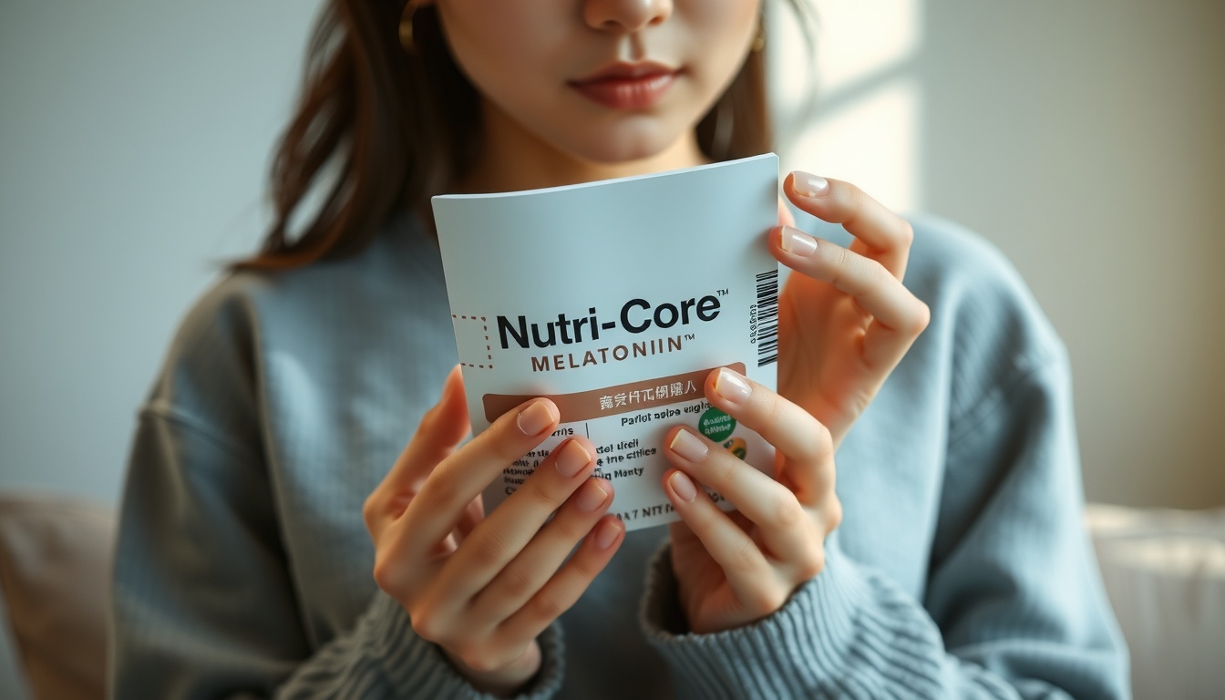 뉴트리코어멜라토닌 - Korean woman upper body shot with face visible, reading supplement label at home, natural hands, nutri core melatonin concept