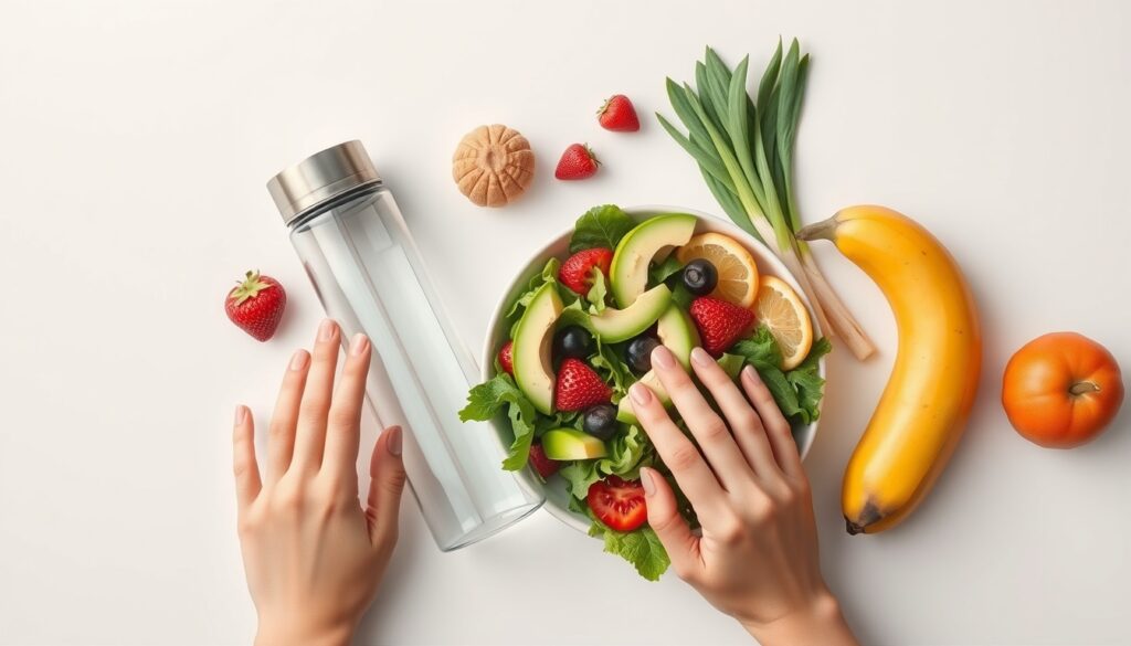 다이어트 방법 - flat lay of healthy diet food including salad, fruits, and water bottle on white background, diet method concept